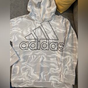 Adidas White & Light Gray Marble-Pattern Hoodie Kangaroo Pockets Large (14) VGUC